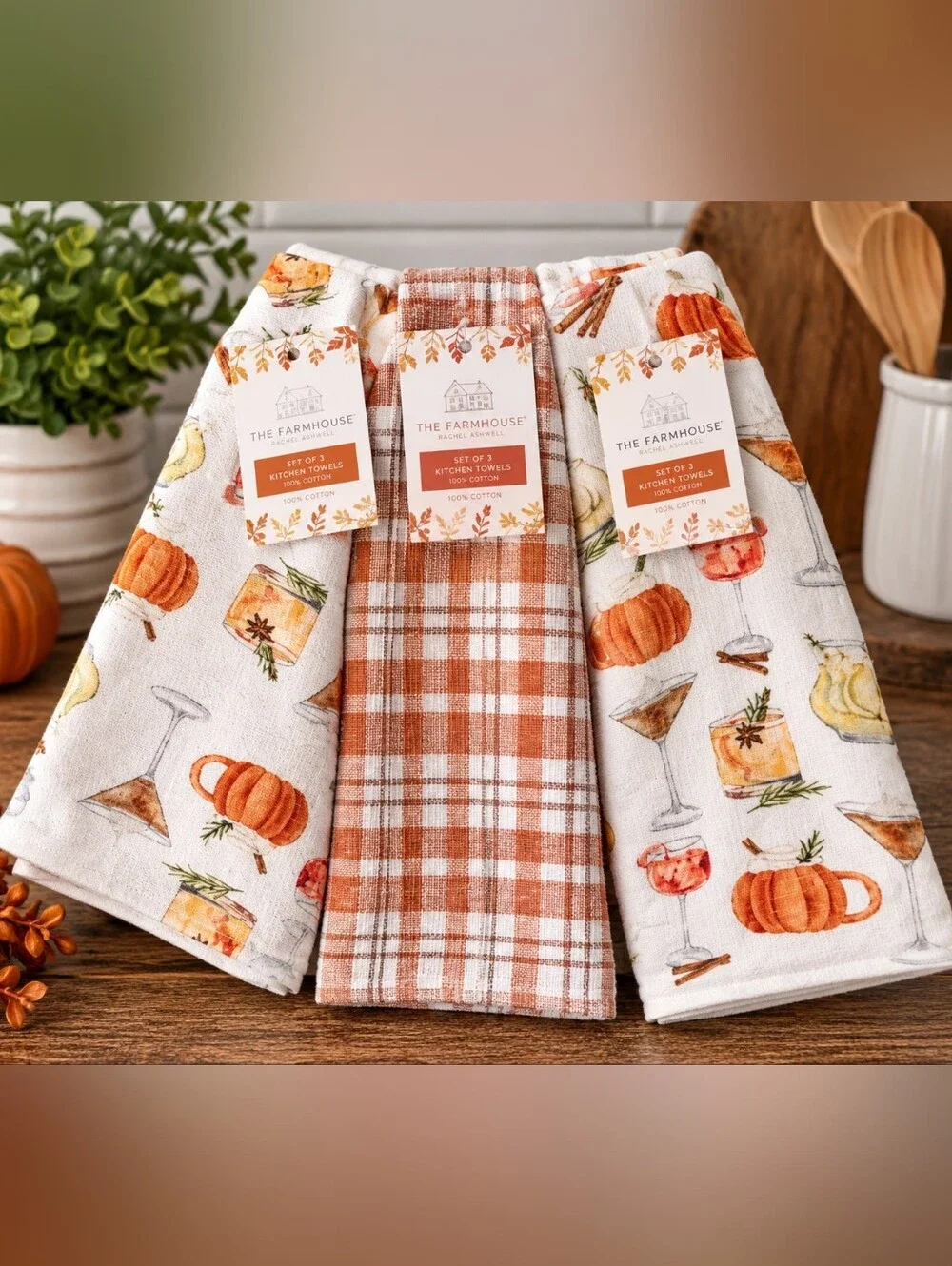The Farmhouse Autumn Pumpkin & Plaid Kitchen Towel Set - Orange